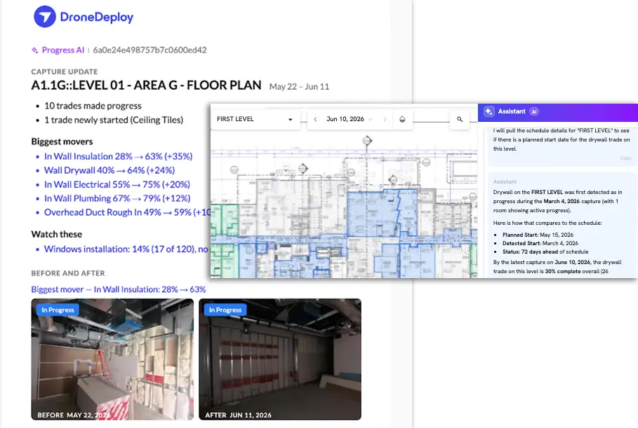 DroneDeploy가 소개한 Progress AI schedule matching 관련 화면