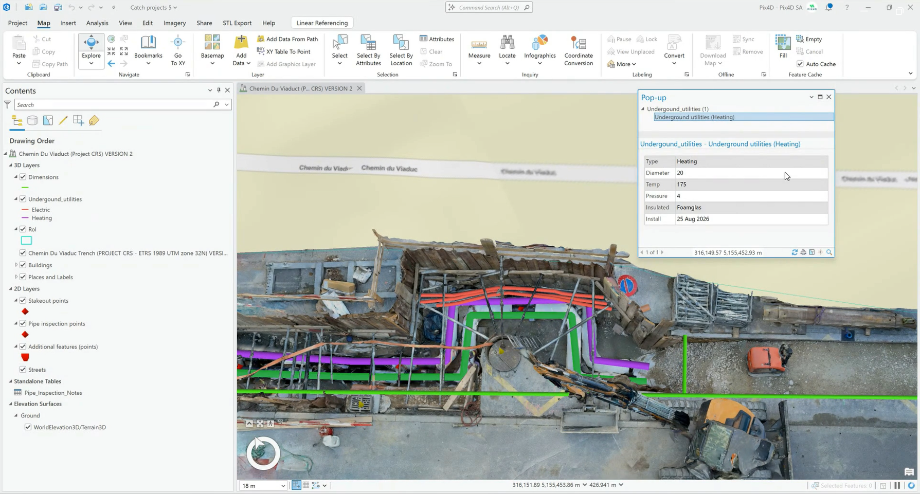 ArcGIS에서 측량급 3D 현장 모델과 자산 메타데이터를 확인하는 화면